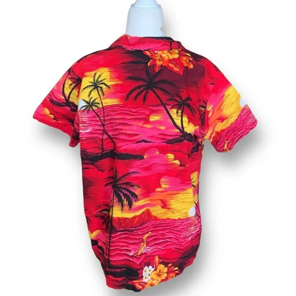 Vintage Palmwave‎ Hawaii Shirt Fuchsia Pink Sunset Surfer Tropical Floral Print